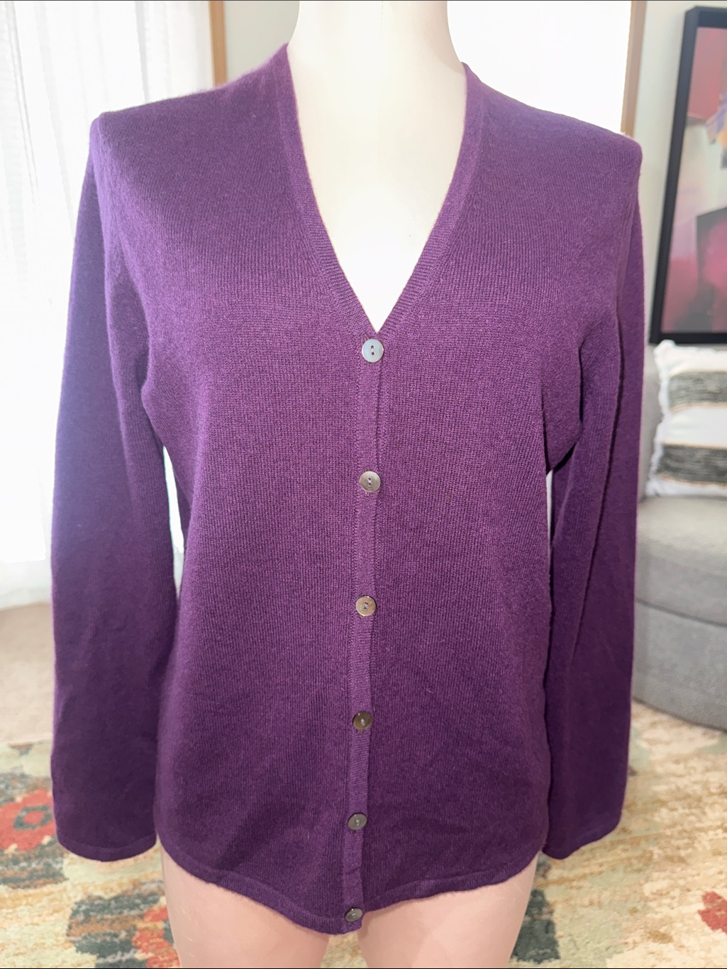 Women's Purple Button-Front V-Neck Sweater